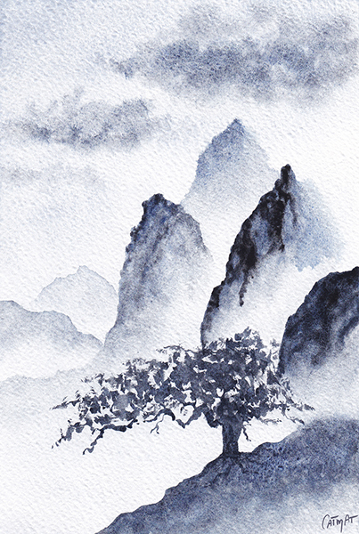 Estampe monochrome Aquarelle granuleuse esprit japon